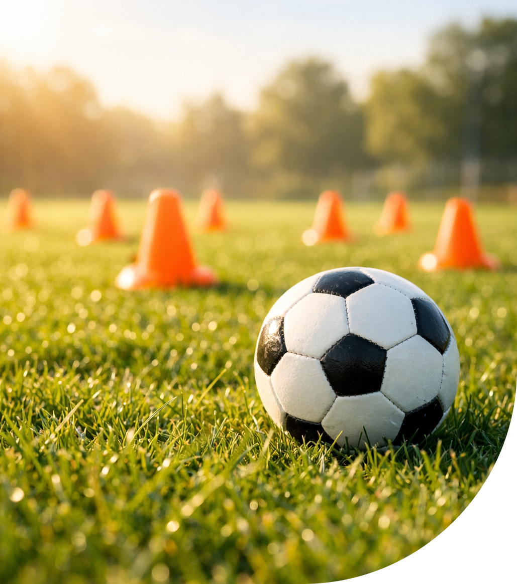 Soccer ball on grass field with orange training cones
